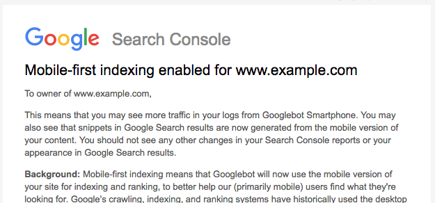 Google mobile first indexing notification in Search console