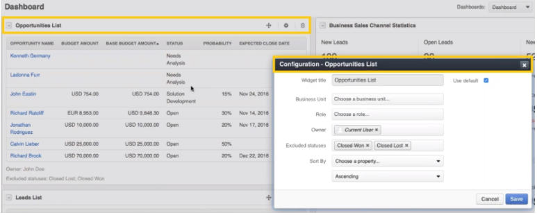opportunities widget in OroCRM