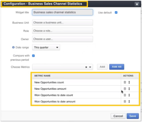 configuration of Business Sales Channel Statistics widget