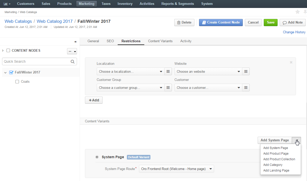 Specify the restrictions for the default content node