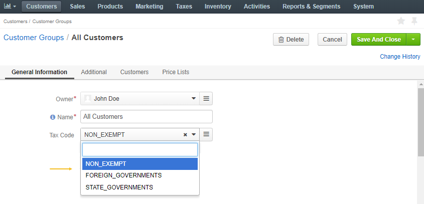 Select the tax code that matches customer group's tax obligations