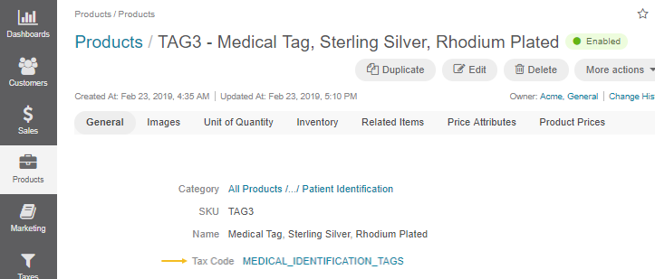 The tax code link is now available in the product details