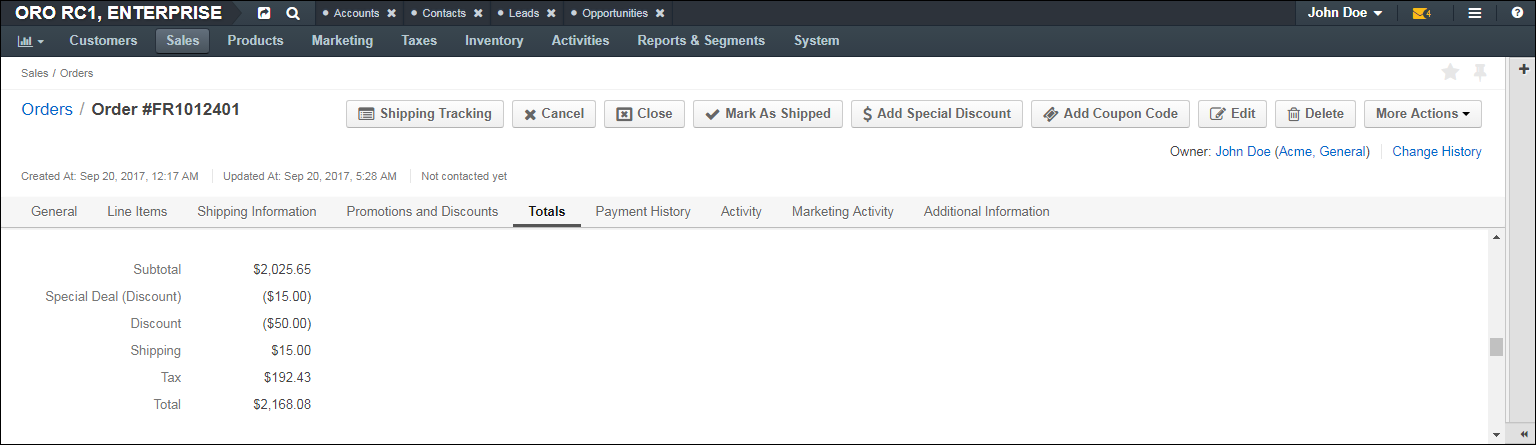 The Totals section of the order details page