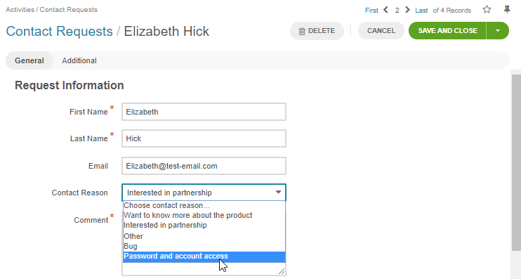 Assign a contact reason manually when editing a contact request