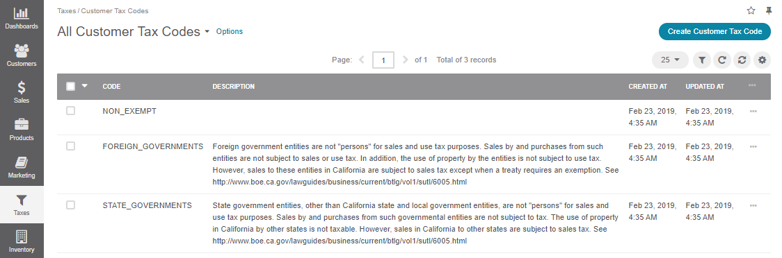 The general page of all customer tax codes