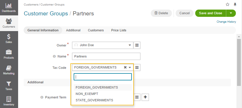 Select the tax code that matches customer group's tax obligations