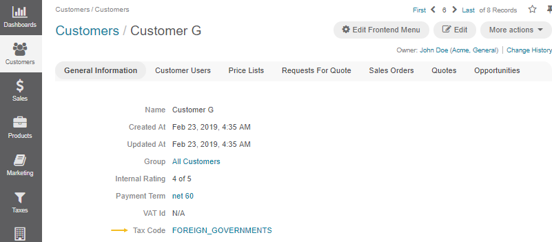View the tax code link in the customer details