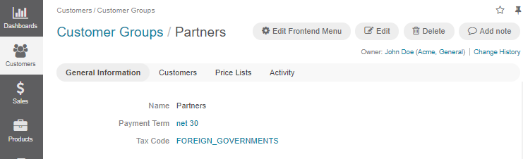 View the tax code link in the customer group details