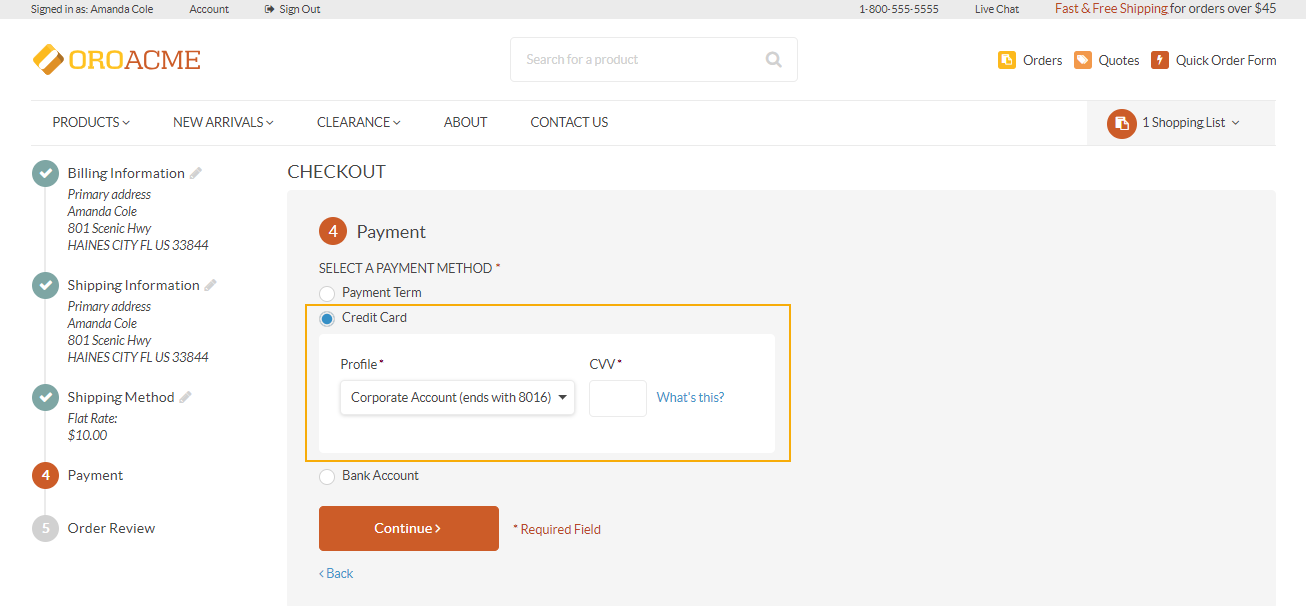 New credit card selected as a payment method at checkout