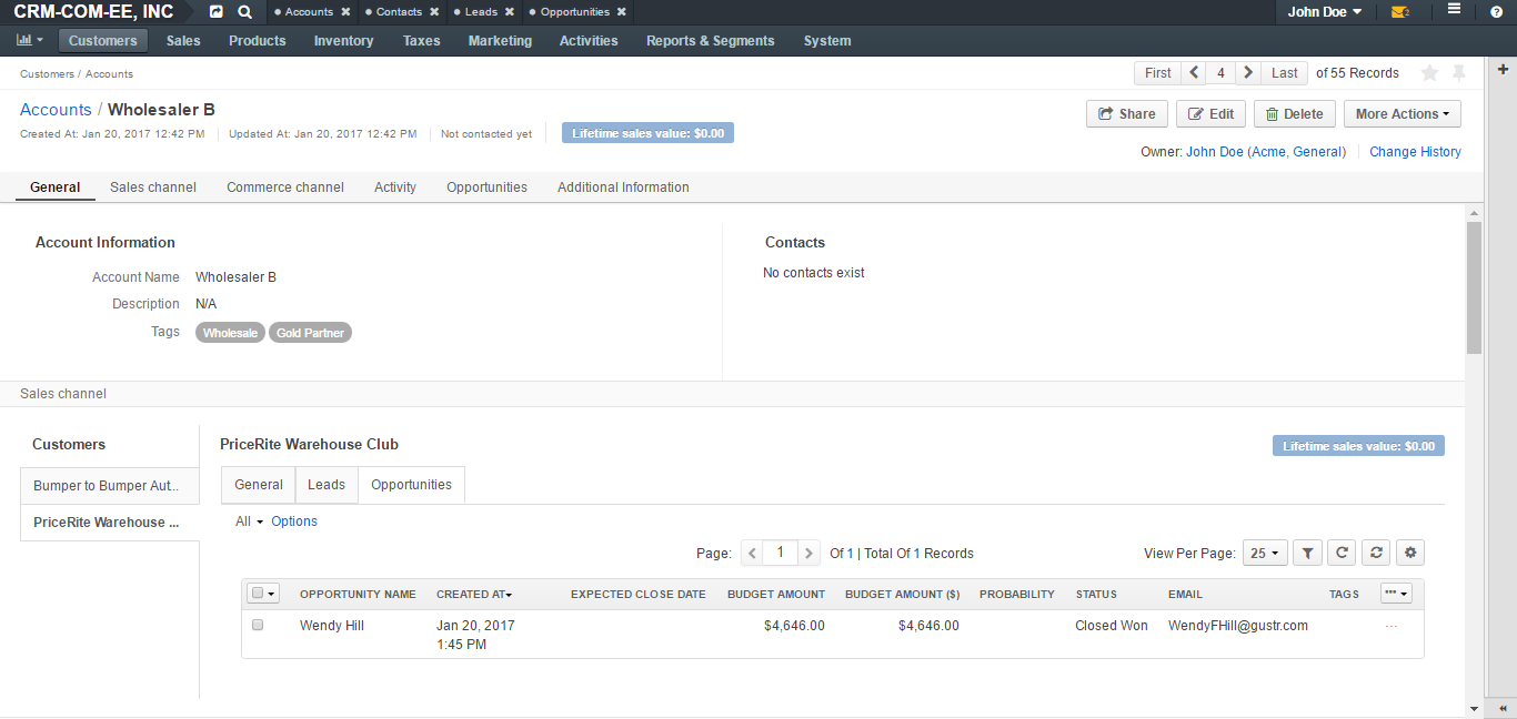 An example of an Account for Commerce customer
