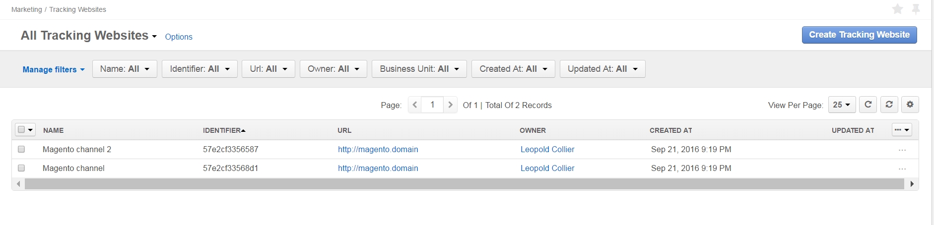 A list of previously created Magento channel records