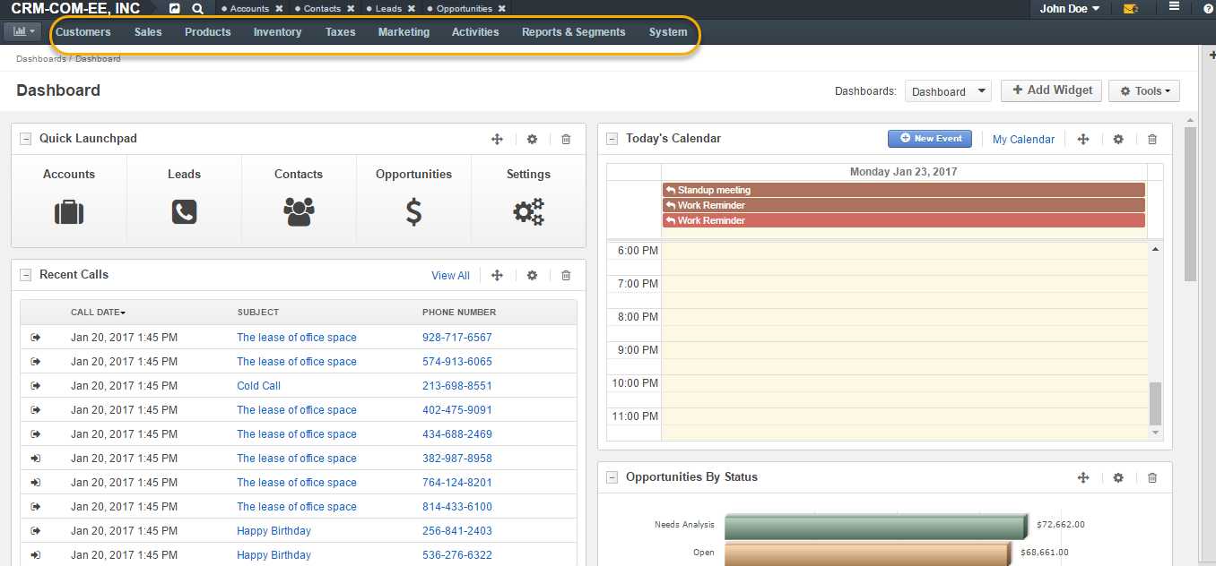 The combined application menu when both OroCommerce and OroCRM are installed