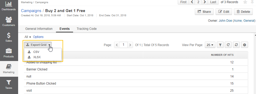 Click the export grid button