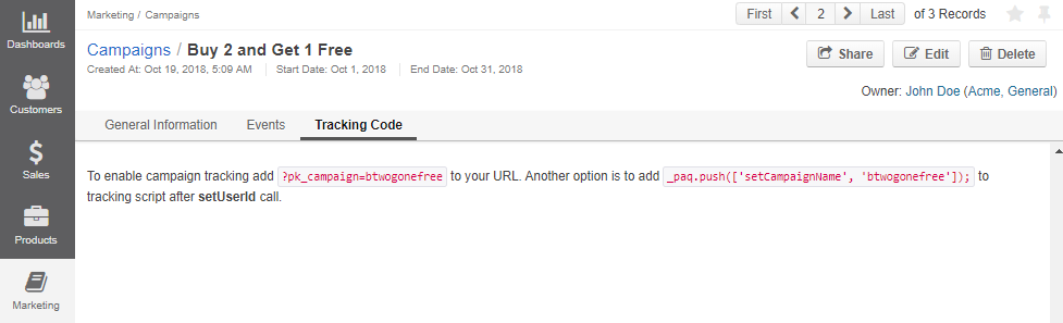 View the URL parameter and the push code