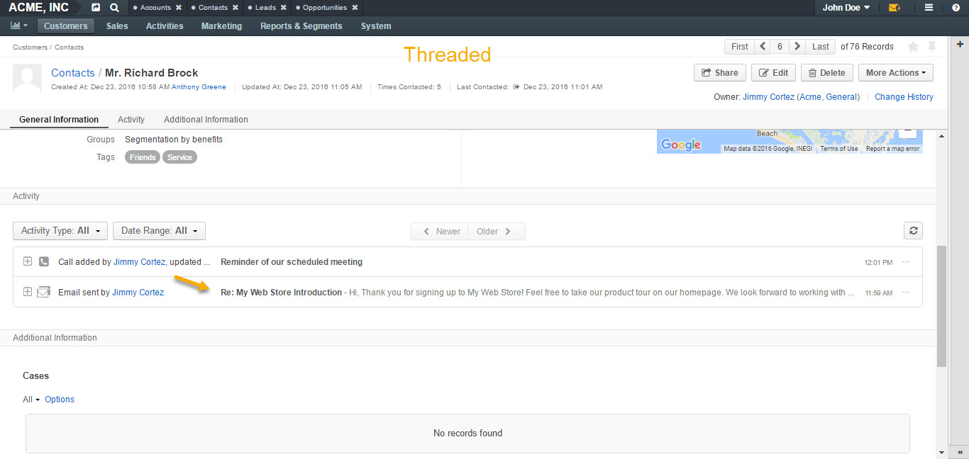 A sample of an email with the threaded option selected