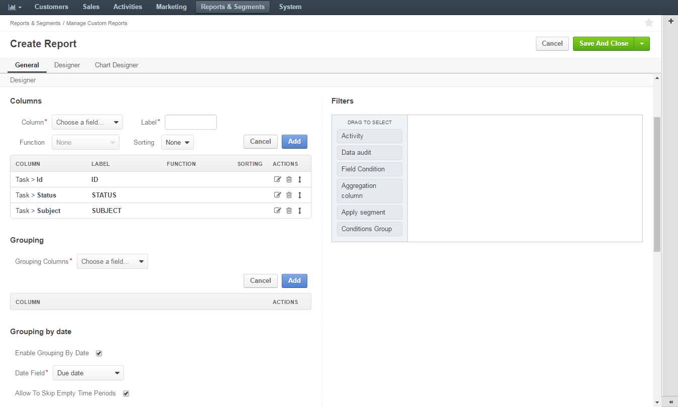 Defining the structure of the report in the designer section