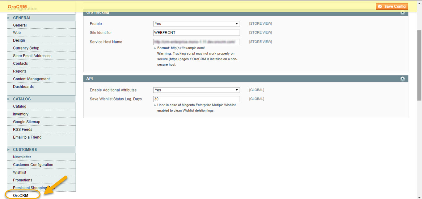 Click OroCRM in the customers in the customers section in Magento configuration settings