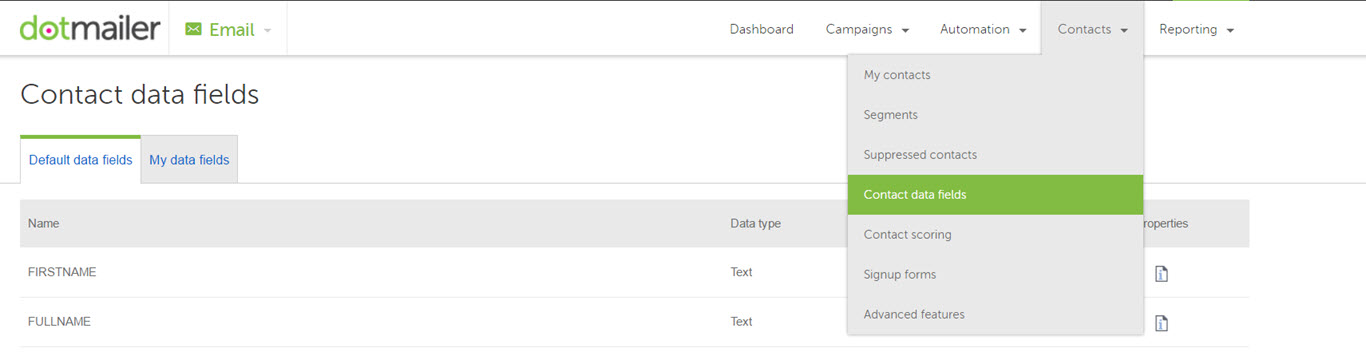 Location of contact data fields on the dotmailer side