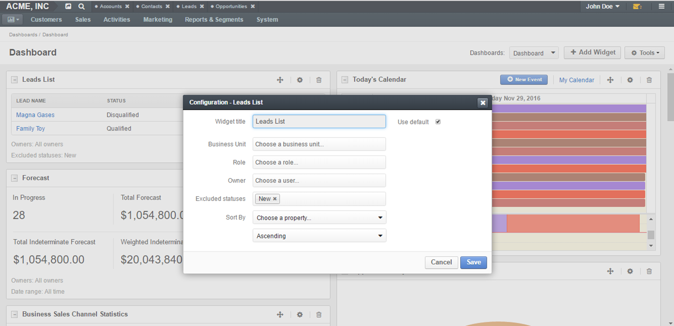Leads list widget configuration