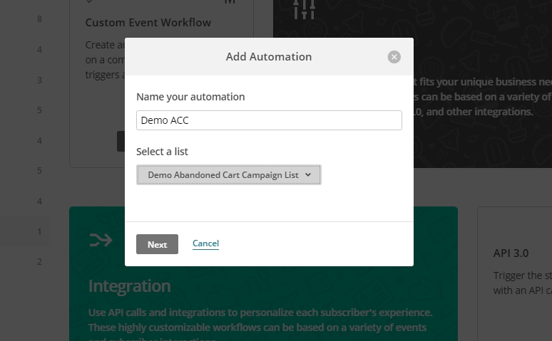 A popup dialog that appears once the add automation button is clicked