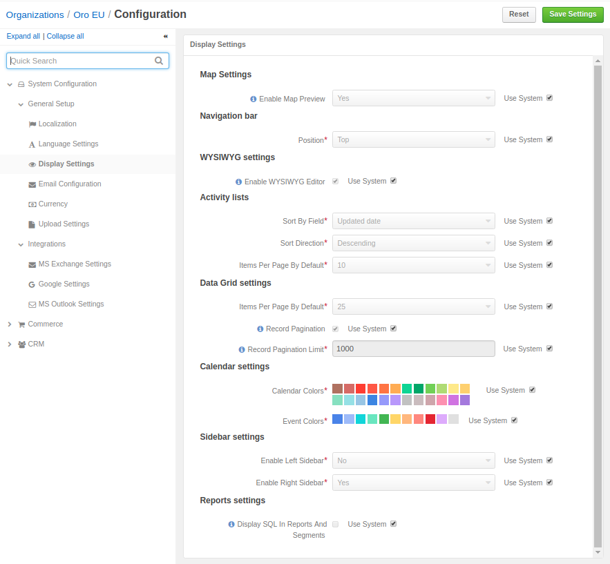 Settings menu configuration for organization