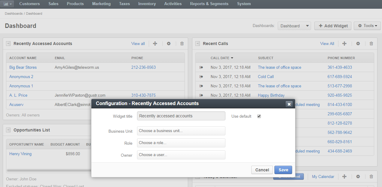 Recently accessed accounts widget configuration