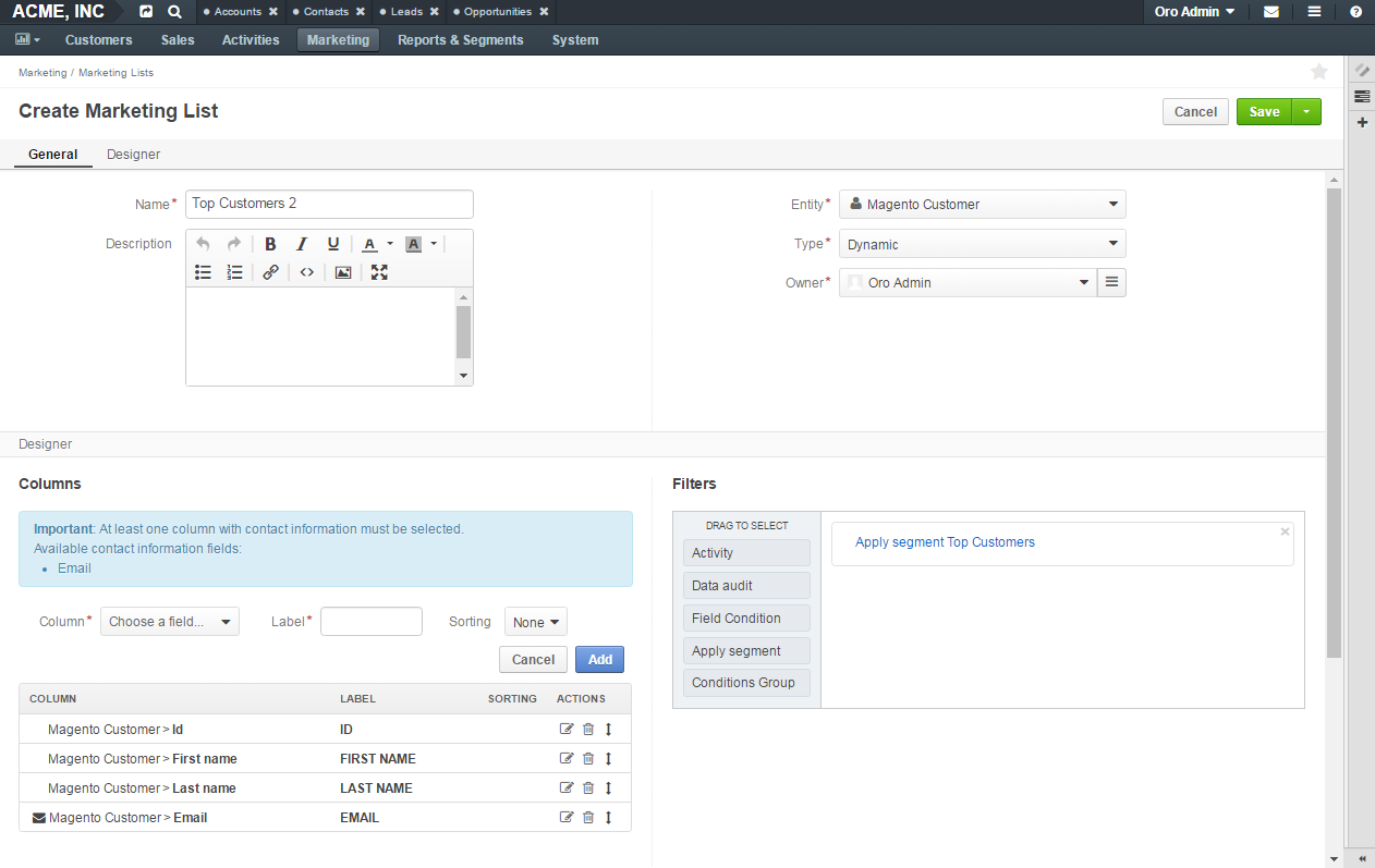 Create a marketing list based on RFM metrics
