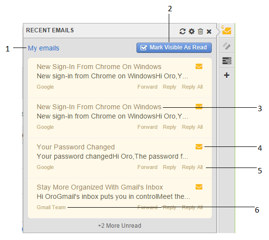 Recent emails sidebar widget