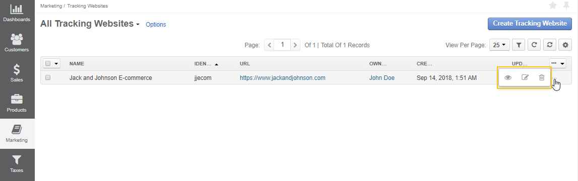Actions that are available from the page of all tracking websites